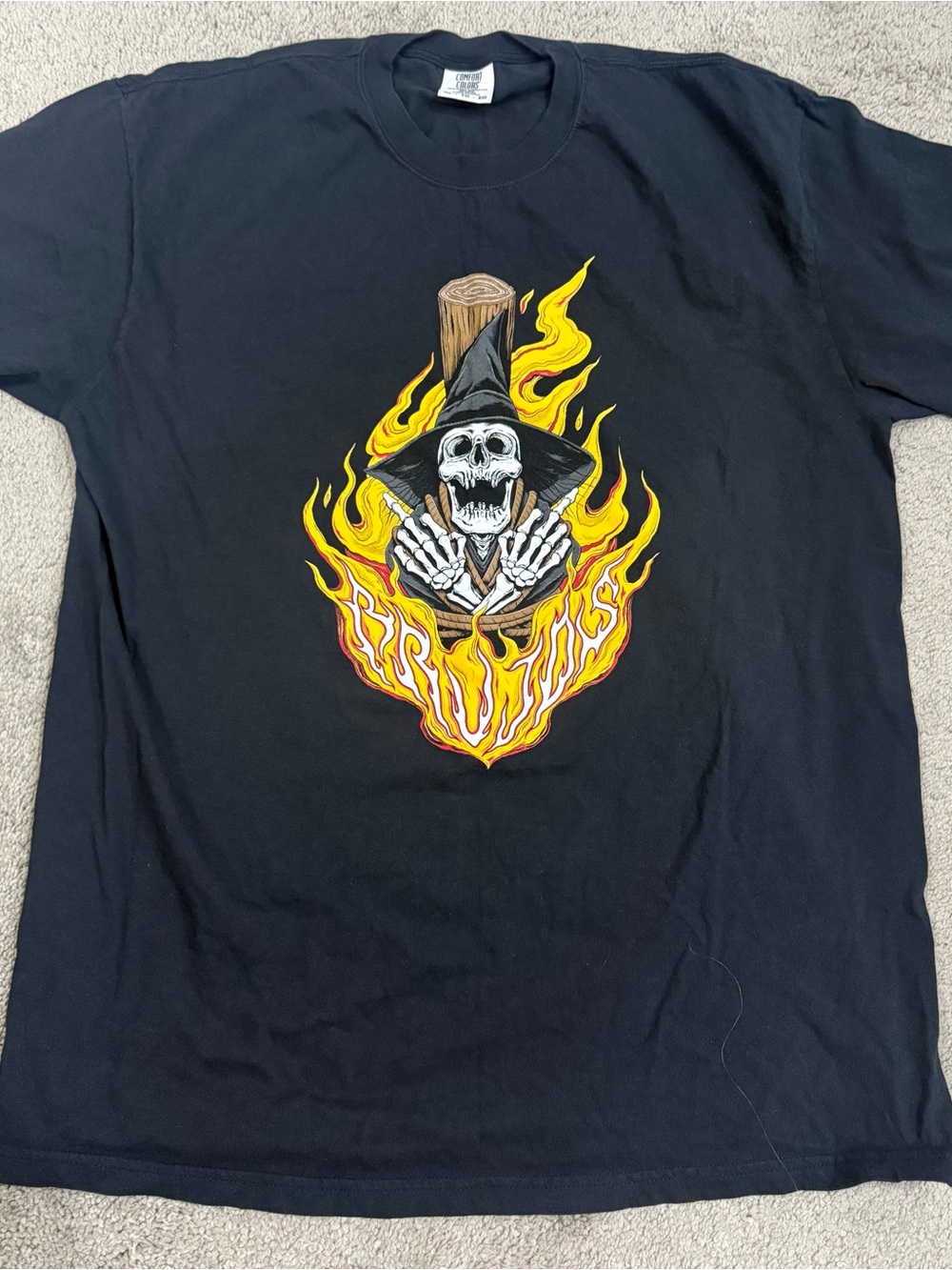 Comfort Colors Black Tee with Yellow Flame Skull Graphic Brujos brewing